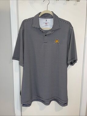 Fairway & Greene Black and White Thin-Striped Polo with President's Cup Logo
